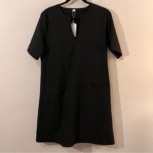 NEW Black Ponte Knit Split Neck Shift Dress Short Sleeve Size Large